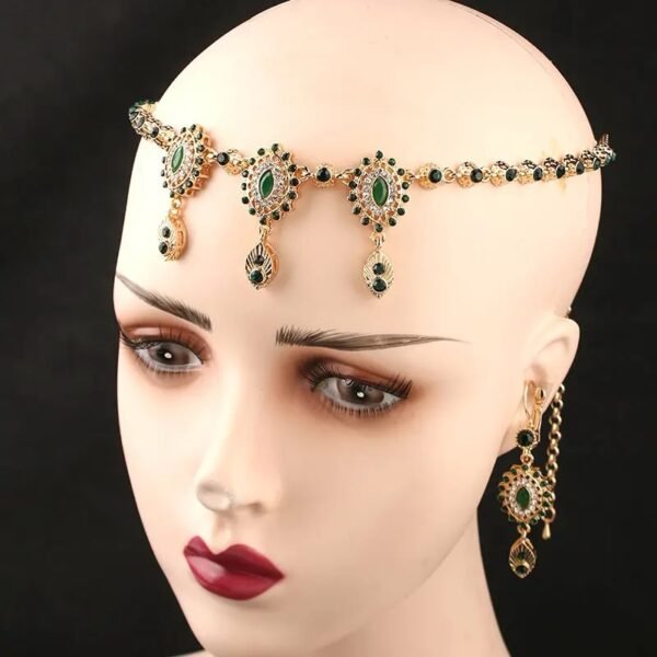 Bijoux de front doré et strass vert